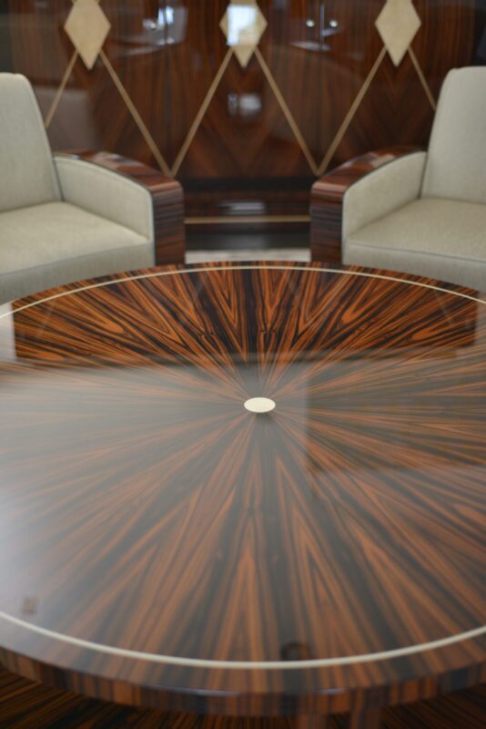 Cygal Art Deco Macassar Starburst Veneer Coffee table and club chairs with inlayed cabinet in back